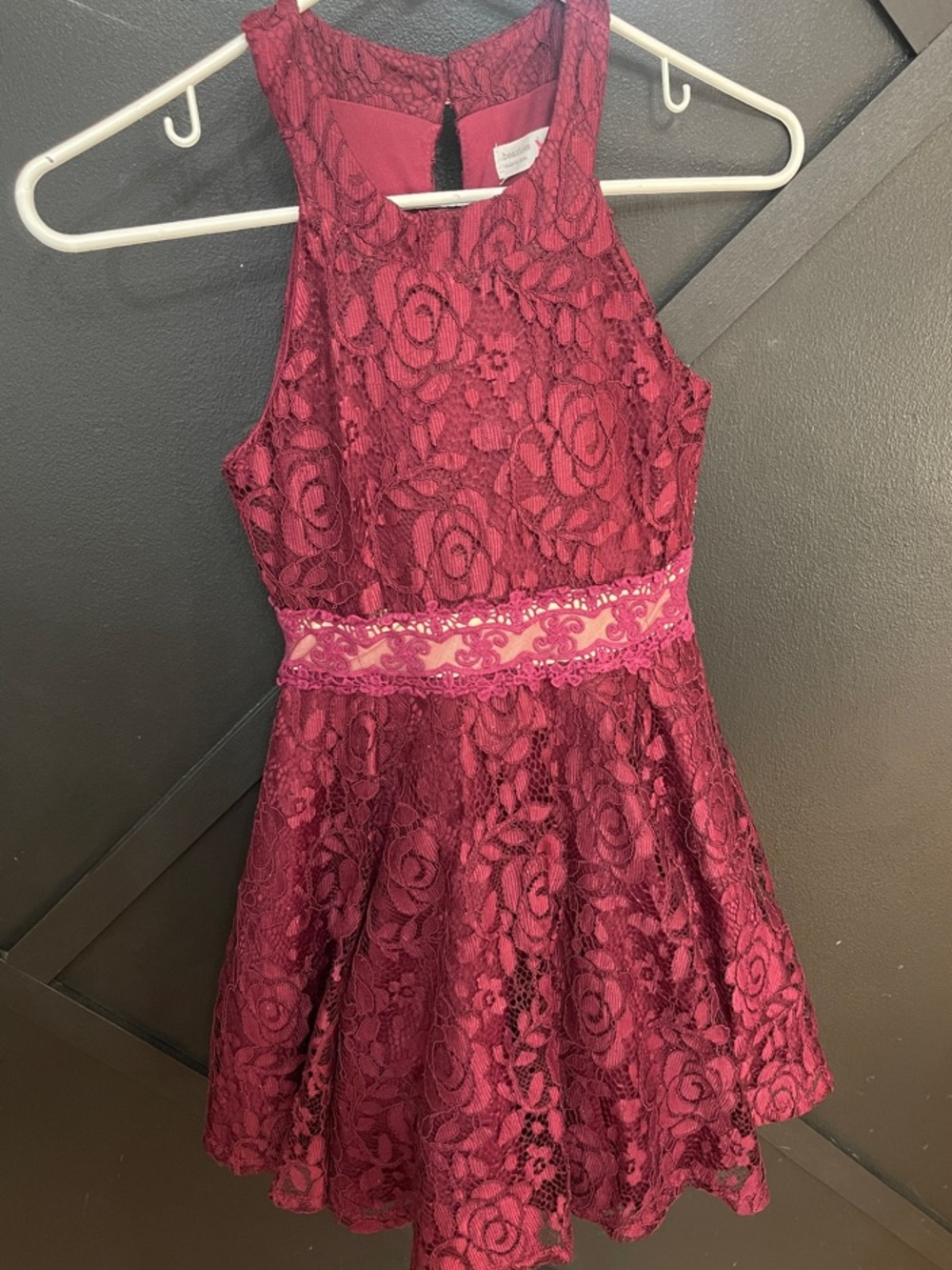 Beautees Burgundy Lace Halter Dress with Embroidered Waistband